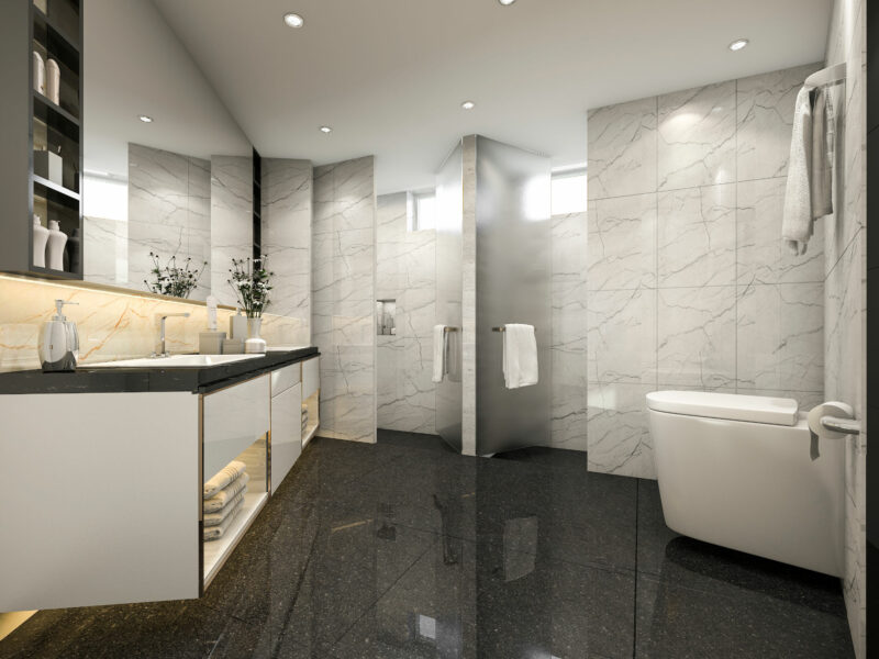 modern bathroom with recessed lights in ceiling