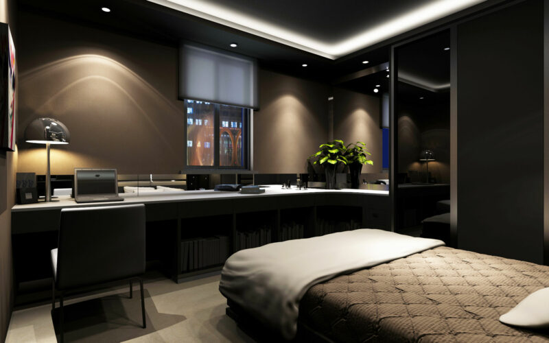 bedroom with recessed lights and LED strips