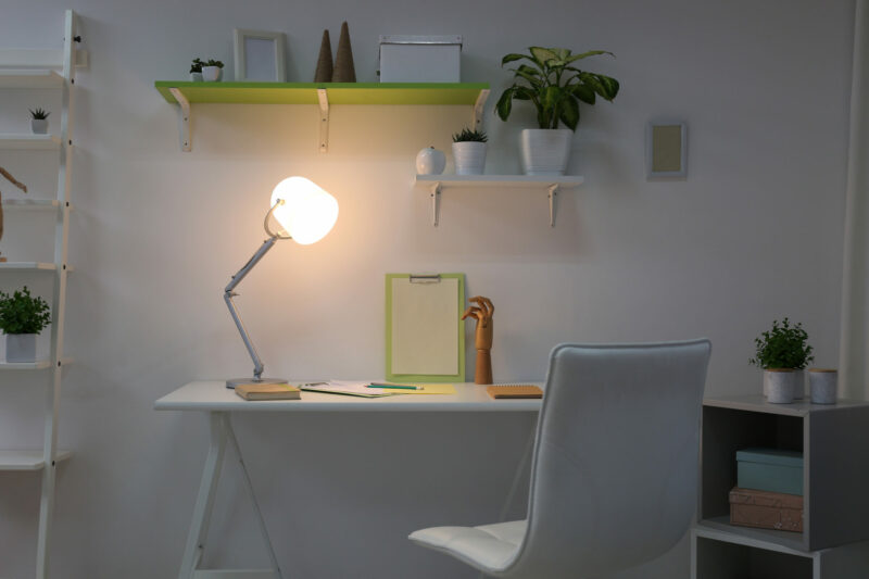 study desk with desk lamp