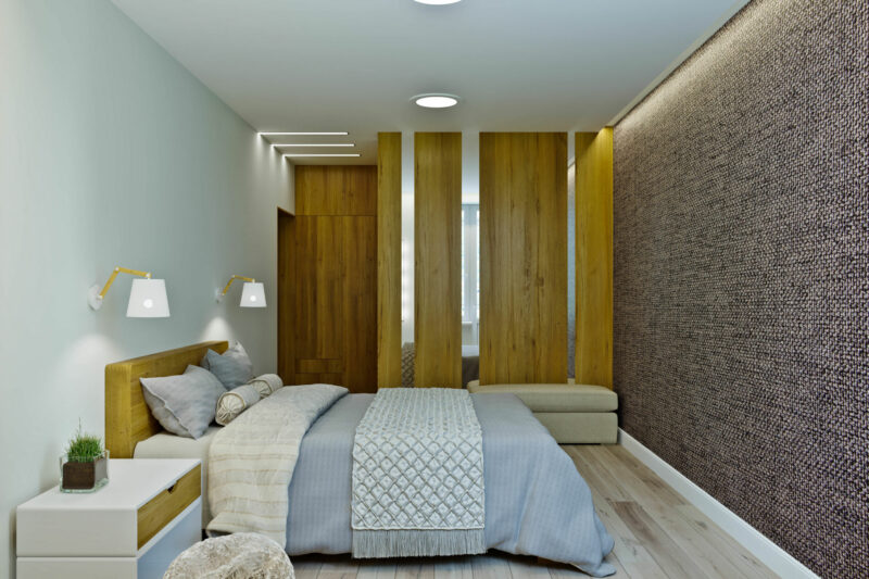 bedroom with diffused recessed lights