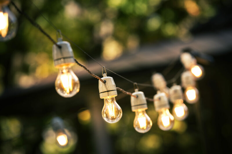 string light in the garden with flickering bulbs