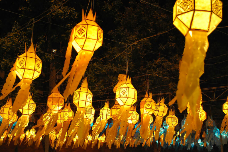 floating lanterns at night