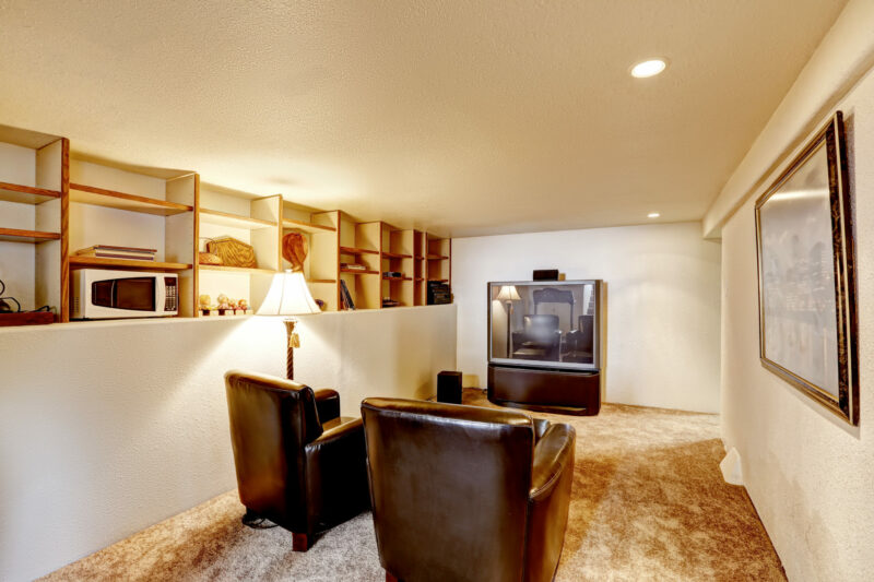 TV room in the cellar with floor lamp next to sofa seats