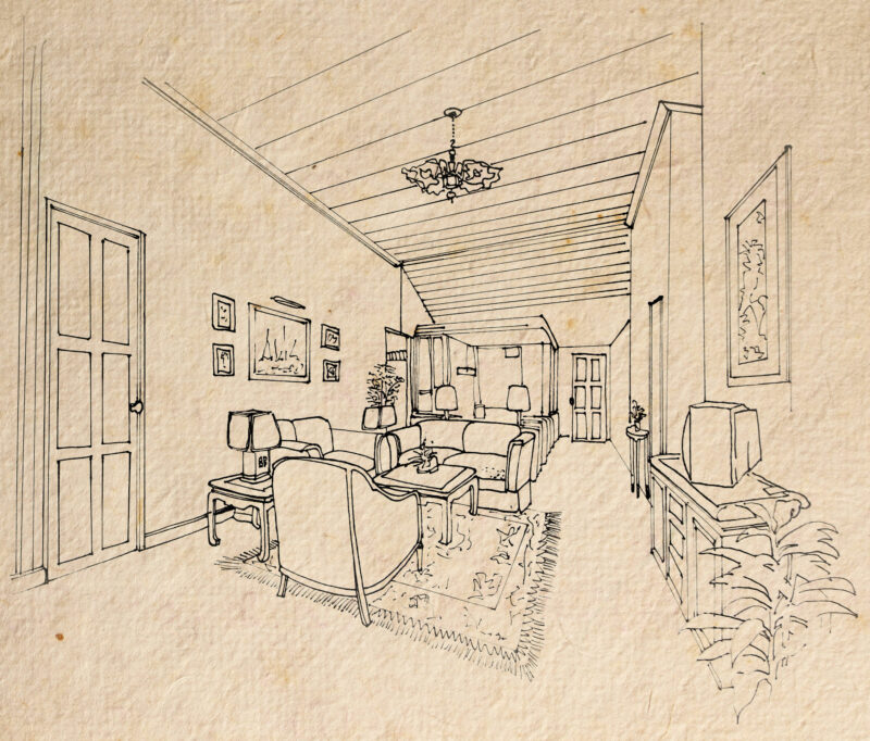 sketch of living room with lighting placement