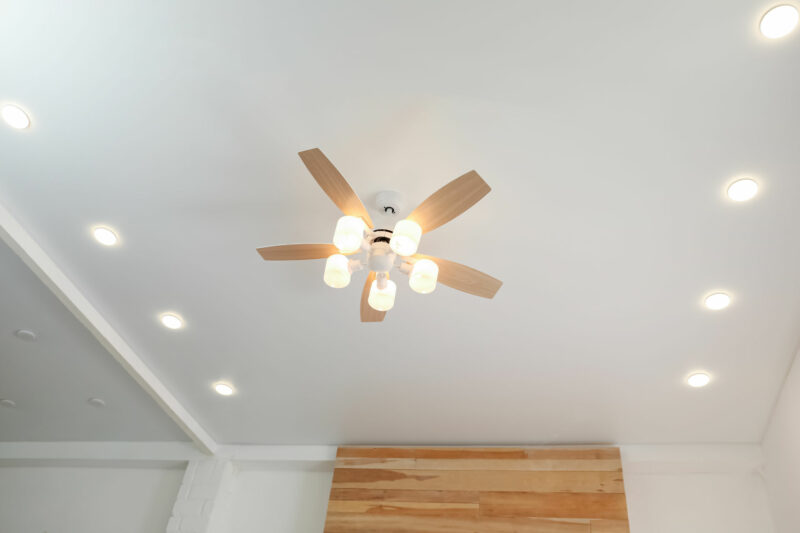 combination of recessed lights with an illuminated ceiling fan at the center