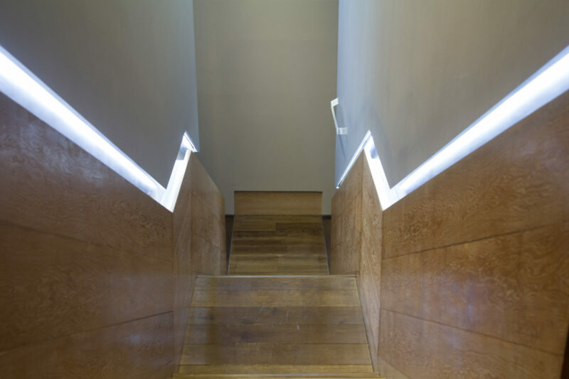 staircase with illuminated rails